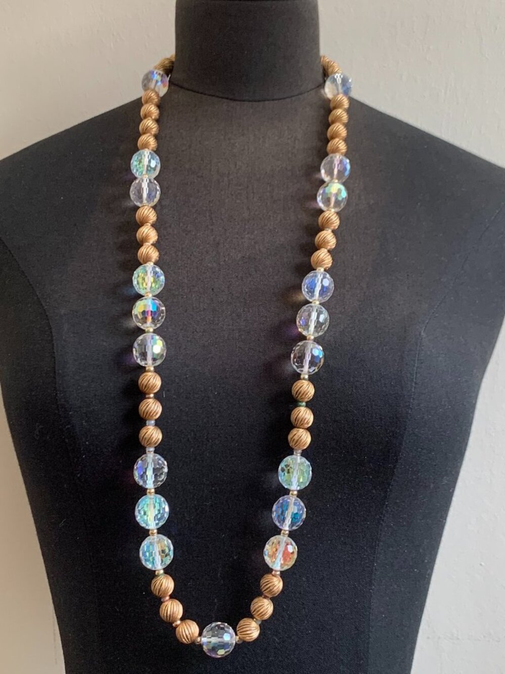 Christian Dior VINTAGE Bead beaded string Gold & Crystal ball long necklace